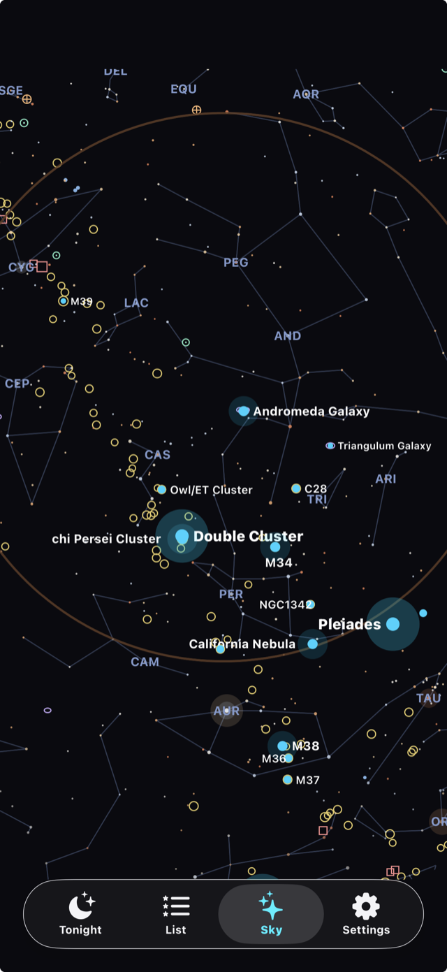 Interactive sky map with horizon overlay